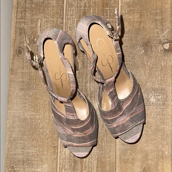 JS Platform Heels in Striped Gray/Soft Rose - Picture 2 of 4